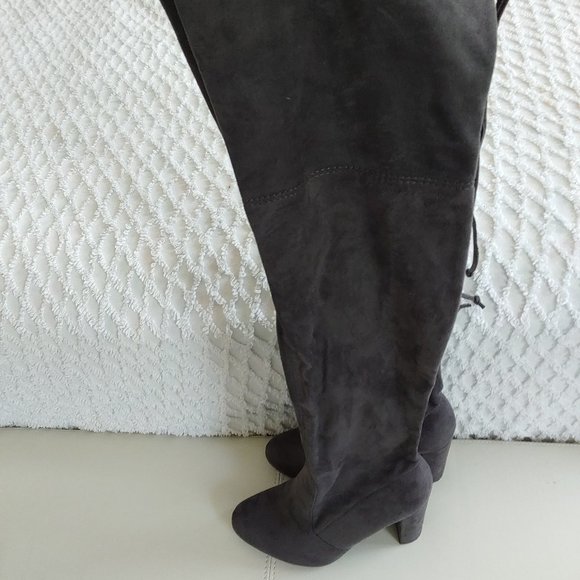 Over The Knee Faux Suede Block Heel Boots String Detail - Picture 6 of 10